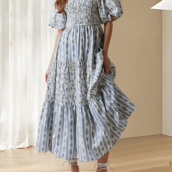 Blue Boho Women's Patchwork Floral Pleated Dress with Bubble Sleeves - Picture 4 of 4